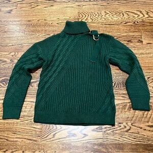 Women’s Green Turtleneck Sweater with Shoulder Cut-out